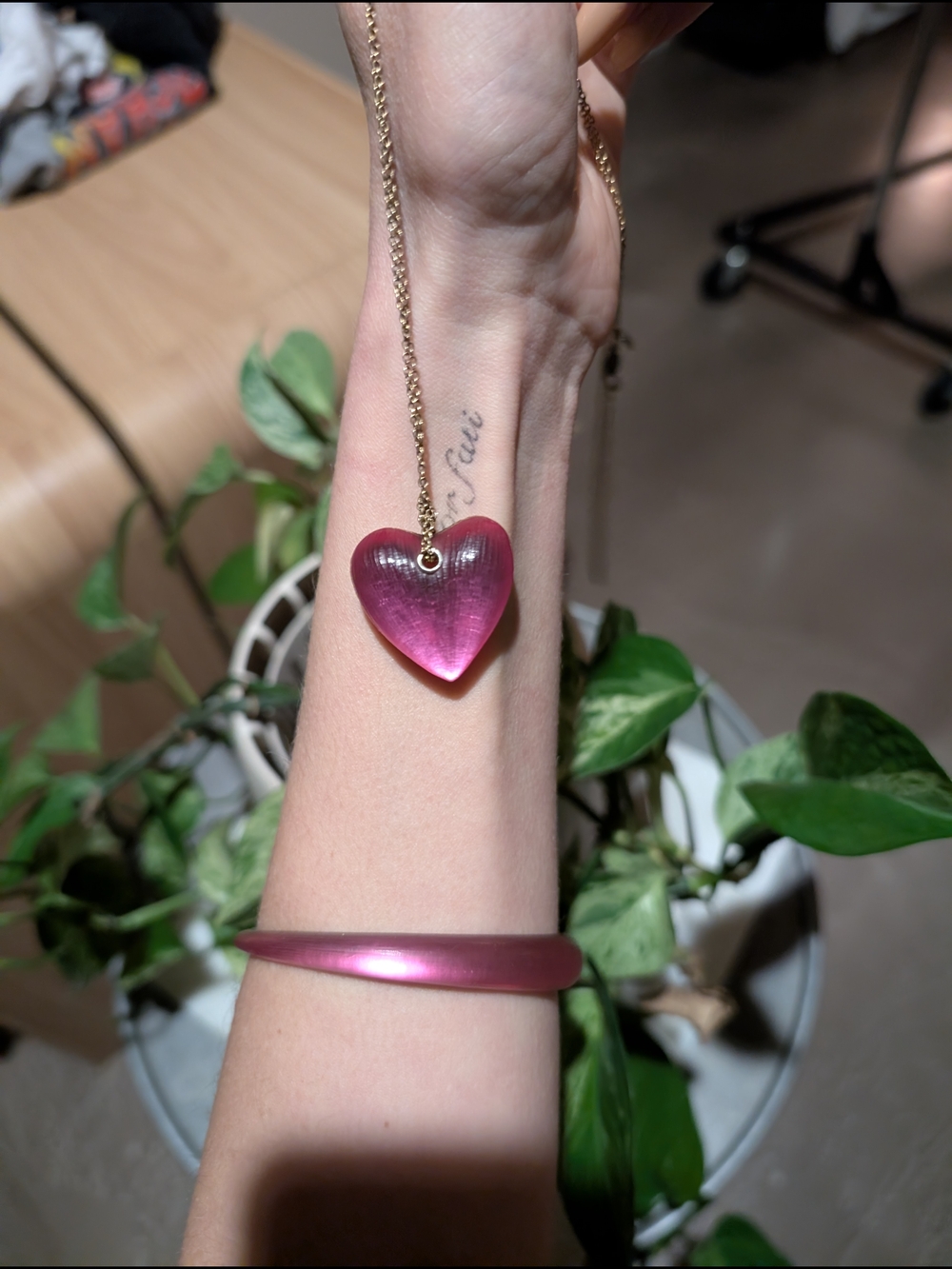 Alexis Bittar Set - Pink Heart Pendant Necklace with Gold Chain + Bracelet